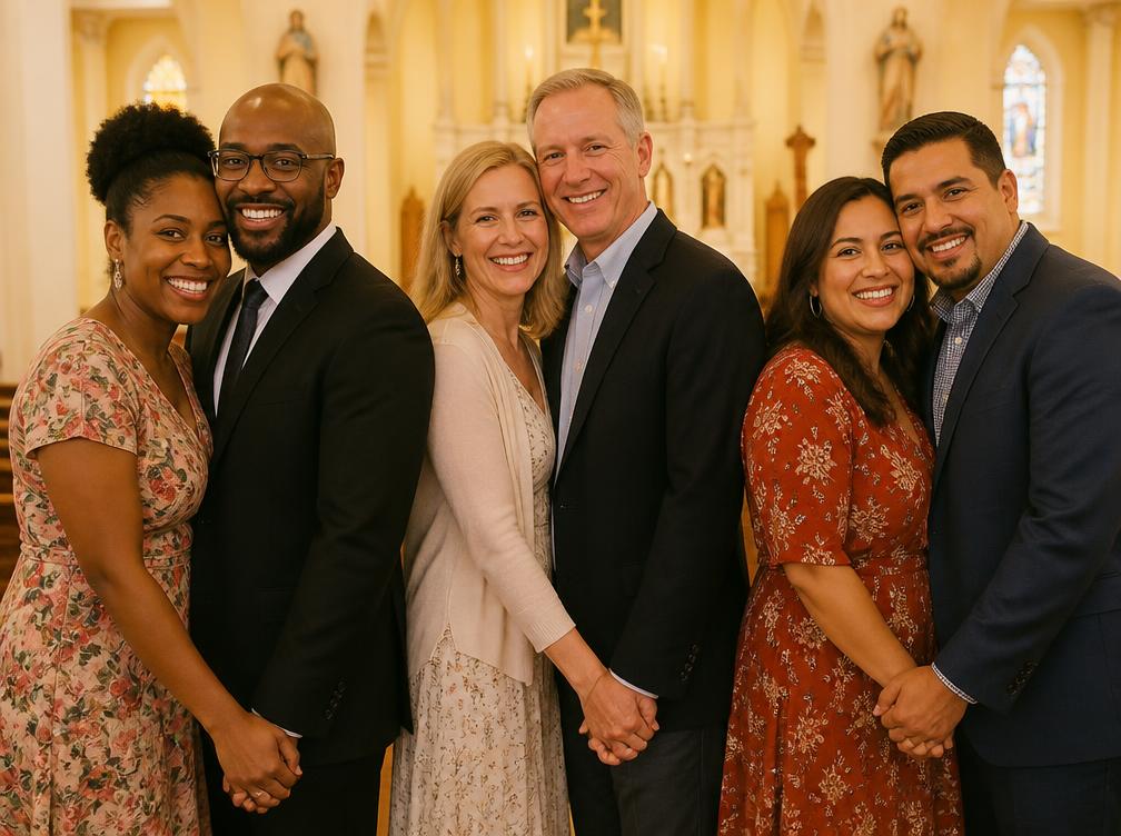 A married couple smiling together at church