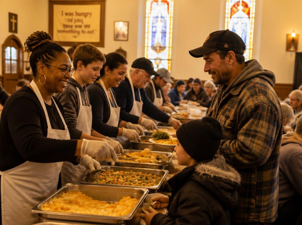 Church volunteers serving hot meals to community members of all backgrounds