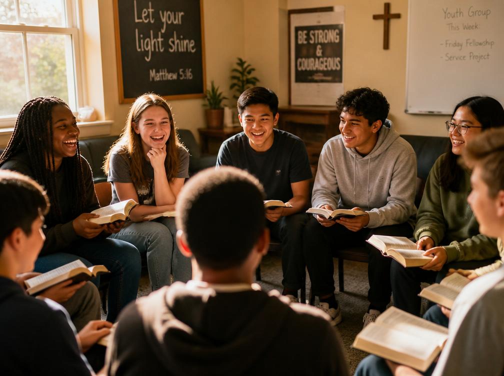 A diverse group of young people reading Bibles together at youth ministry