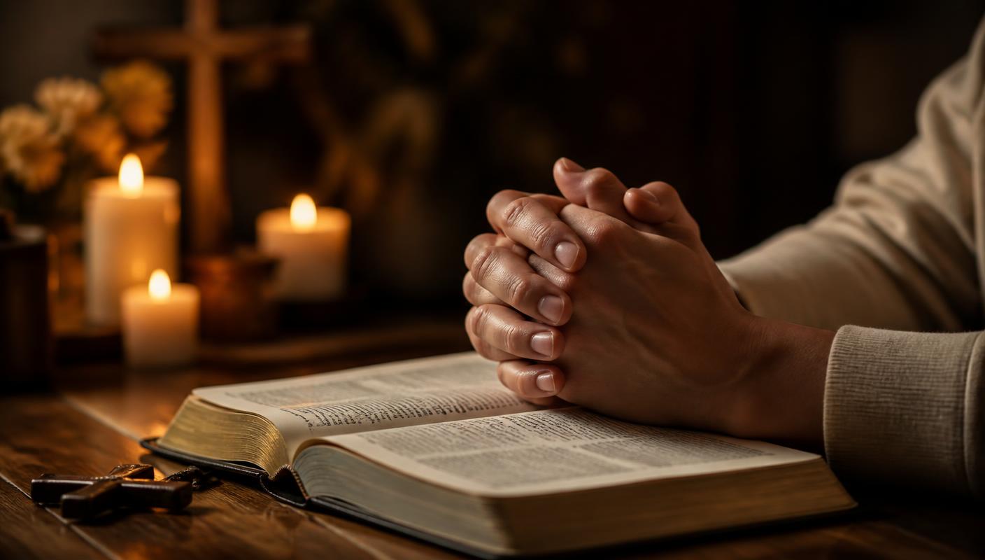 Open Bible with hands folded in prayer by candlelight