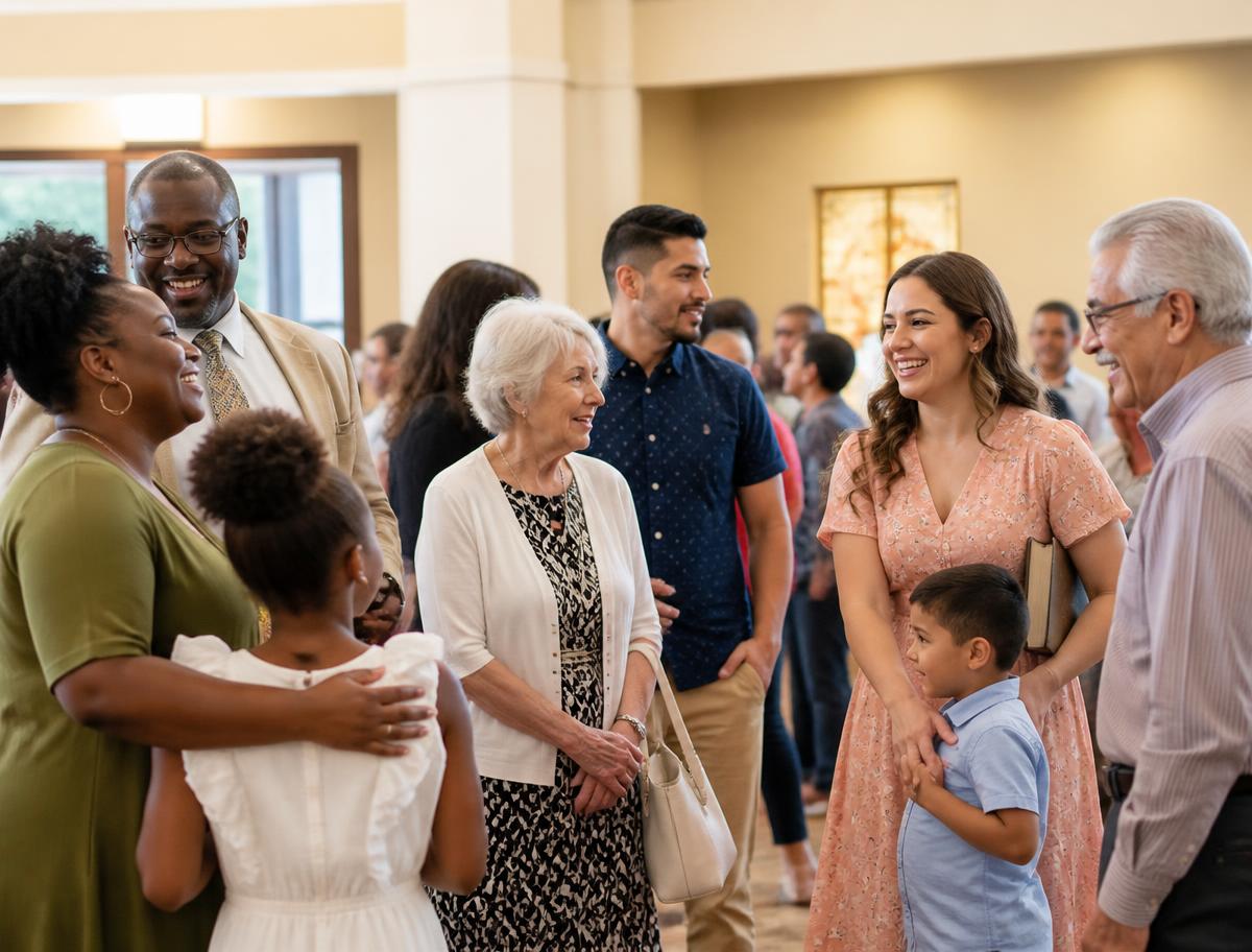 Church members smiling and fellowshipping together after Sunday service